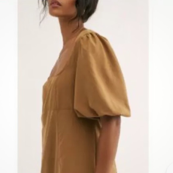 Free People High Low Tobacco Tan Brown Puff Sleeve MIDI Dress size Large - Picture 4 of 15
